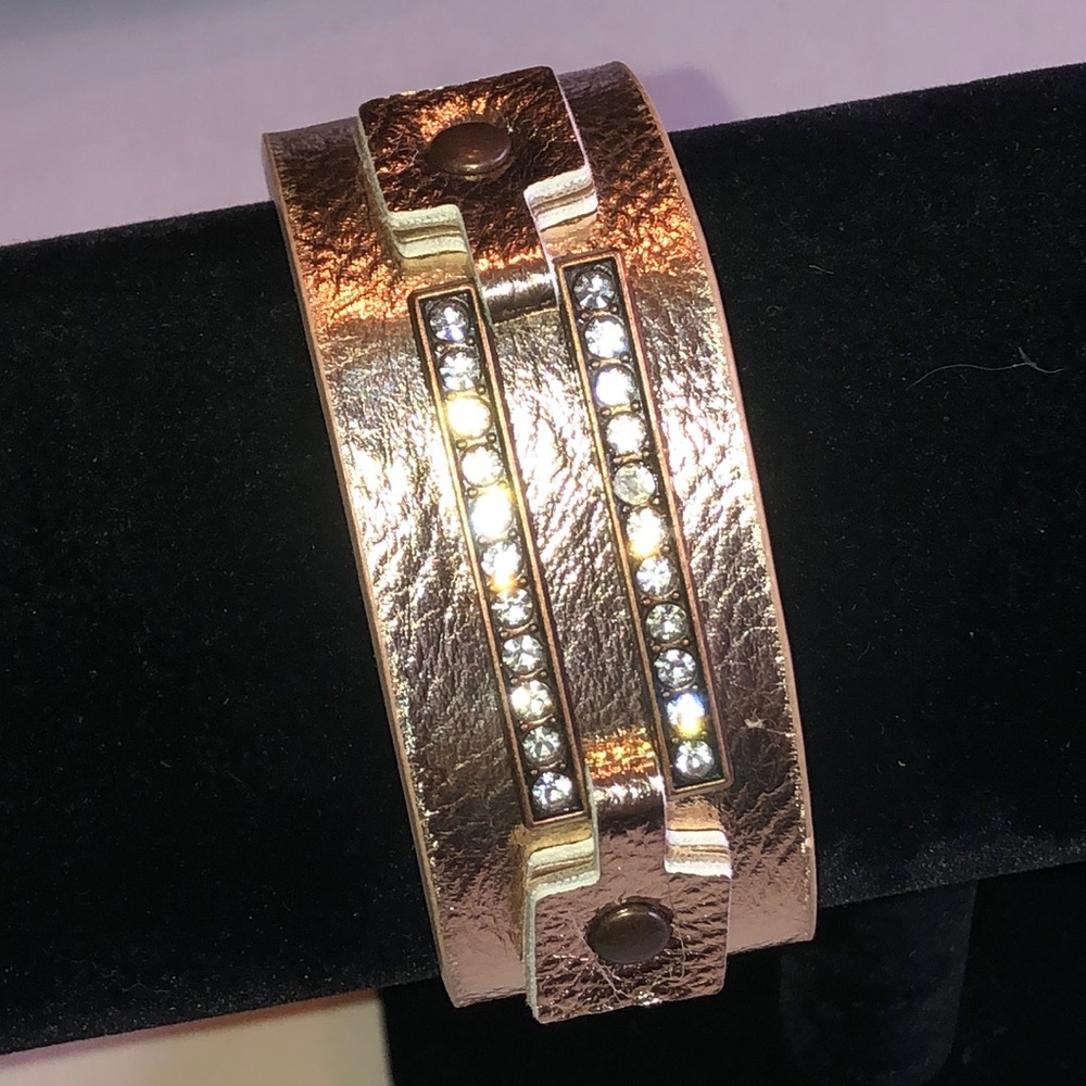 Rose Gold Tone Faux Leather Crystal Accent Bracelet